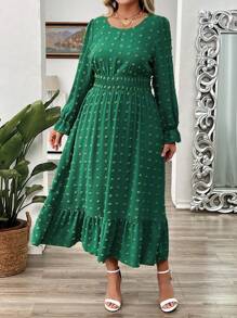 EMERY ROSE Women's Long Textured Dress With Oversized Pom Poms, Elegant Holiday Wear, Spring/Summer - Green - View 3