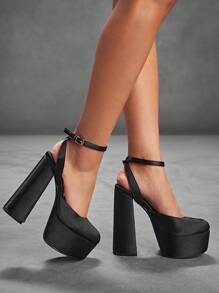 CUCCOO SZL 时尚黑色厚底踝带粗高跟鞋，适合通勤、约会、派对、节日活动情人节春假复活节舞会高跟鞋 - 黑色 - 查看 9