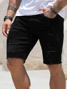 Manfinity Homme Plus Size Men's Casual Ripped Frayed Pocket Denim Shorts Workout Hang Out Street Sport - Black - View 3