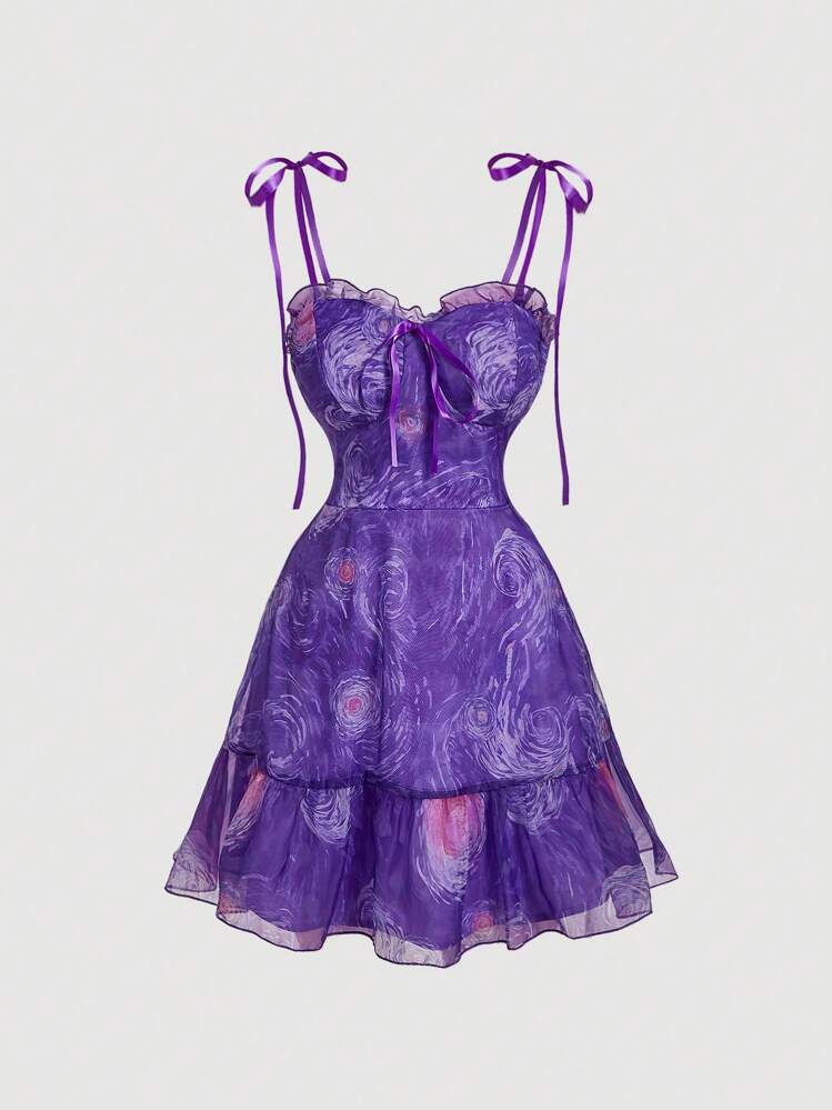 SHEIN MOD 1pc Women's Long Dress With Van Gogh Starry Sky Oil Painting Print, Party Dress, Multiwear Outfit Valentine's Day - Purple - View 3