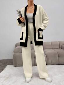 EURMUSE 2pcs/Set Women Contrast Trim Cardigan And Knitted Long Pants Outfit
