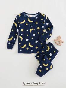 Cozy Pixies Baby Boy Snug-Fit Pajama Set, Star & Moon Pattern, Soft & Cozy Long Sleeve Top And Elastic Waist Pants, Comfortable Homewear - Blue - View 1
