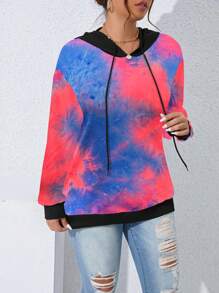 SHEIN LUNE Plus Size Solid Color Patchwork Long Sleeve Simple Casual Hoodie Pullover Fall Sweatshirt - Multicolor - View 5