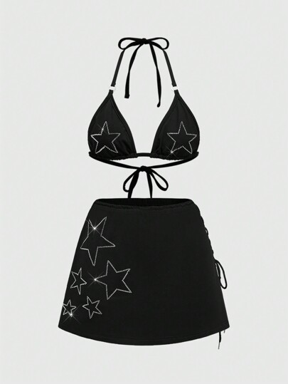 Grunge Punk Sexy Y2K Celebrity Vintage Stil Strass Stern Schnürung Schleife Taillentief Träger Crop Top und Rock 2-teiliges Set für Frauen