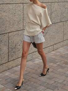 DAZY Áo sơ mi nữ tay ngắn hở vai đơn giản, trang phục thường ngày vải lanh Y2k - Màu be - Xem 12