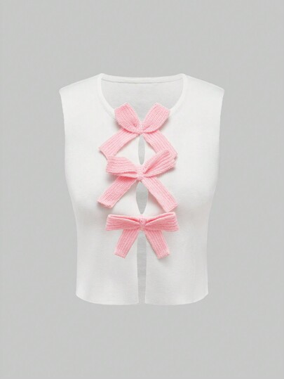 Kawaii Cute Bow Decor Front & Middle Hollow Out Bodycon Knit Sweater For Women