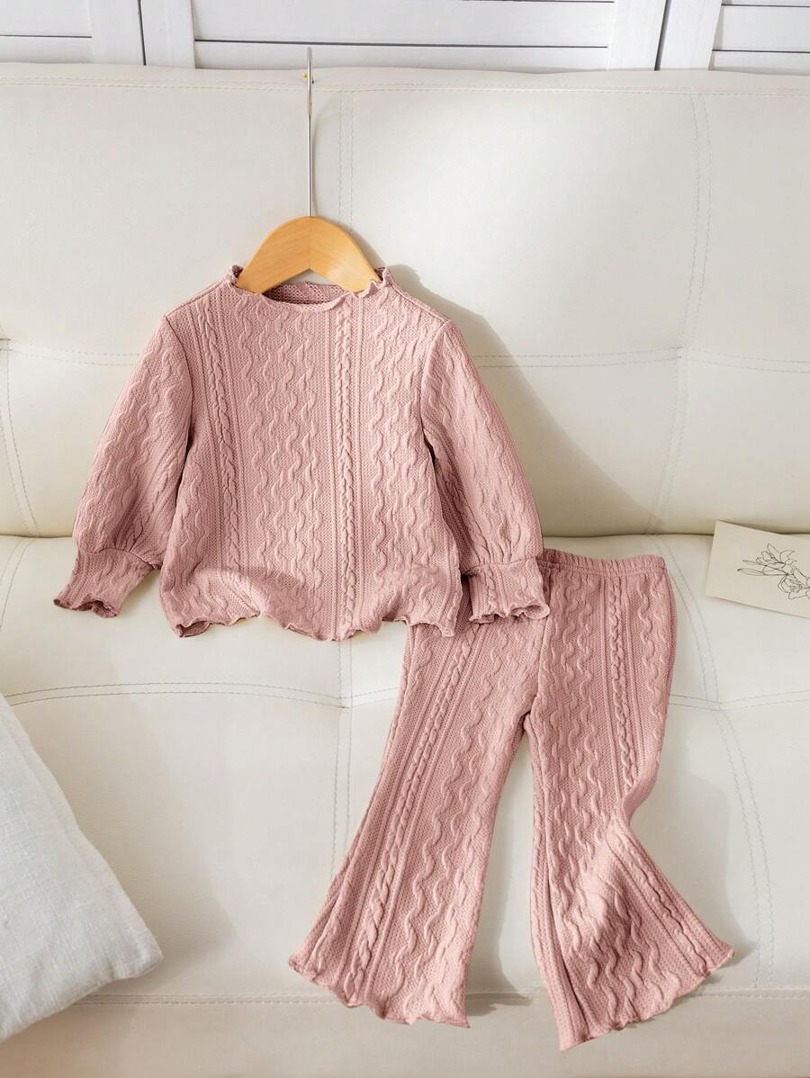 SHEIN Baby Girl Apricot Wave Hem Long Sleeve Top And Elastic Waist Flared Pants Set, Autumn/Winter - Pink - View 1