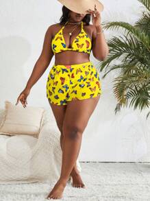 Slaydiva 夏季大码女式 3 件蝴蝶印花活泼性感露背 3 杯比基尼搭配短裤，海滩度假休闲泳装 - 黃色 - 查看 6
