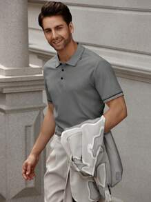 Manfinity Bizformal 男士条纹短袖休闲通勤 Polo 衫 - 灰色 - 查看 6
