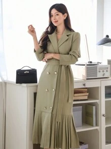 DAZY 1 pièce Robe à manches longues à col cranté double boutonnage de couleur unie pour femme, style urbain, volant