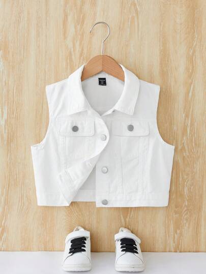 SHEIN Veste en jean sans manches style décontracté de mode collégiale pour fille préadolescente, style boho année 2000, lavage à l'eau, pour le printemps et l'été