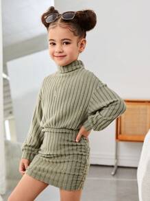 Young Girl Knitted Solid Color Fashionable Elegant Stand Collar Fitted Casual Dress