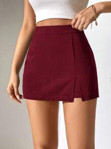 SHEIN PETITE 纯色休闲开叉下摆夏季裙裤 - 酒紅色 - 查看 4