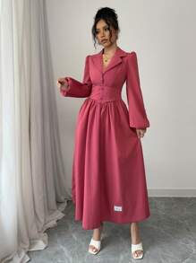 Modelyn Vestido casual de manga larga con botones delanteros de un solo color y pliegues sencillos para mujer - Rosa coral - Ver 4