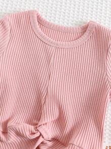 Cozy Pixies 2pcs Baby Girls Solid Knit Soft Crew Neck Short Sleeve Twist Front Top And Elastic Waist Shorts Set - Pink - View 5
