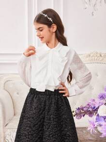 SHEIN Tween Girls 优雅款网眼灯笼袖长袖衬衫/衬衫 - 白色 - 查看 3