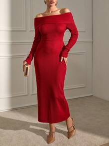 SHEIN Robe longue côtelée brillante à épaules Bardot