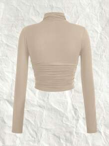 SHEIN EZwear 2 قطعة قميص قاعدي مع رقبة عالية مرن ومطوي لامتصاص الرطوبة مقاس كبير ، خريف/شتاء - كاكي - مشاهدة 6