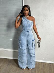 Slaydiva Women's Denim Overalls And Jumpsuits Sexy One Shoulder Overalls Jumpsuit Blue Loose Jumpsuit Cargo Pants Women Rompers For Women Romper Overalls Women Denim Jumpsuit One Piece Jumpsuit Summer Outfits For Women Rave Outfits Festival Valentines
