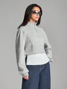 LYSMO Áo nỉ lửng hở vai tay dài màu trơn đơn giản có khóa kéo nửa thân cho nữ - Xám - Xem 4