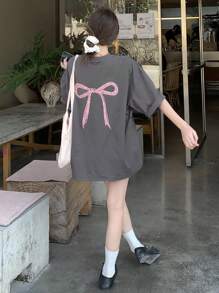 DAZY Camiseta oversize de cuello redondo con estampado de lazo de unicolor y manga corta, camisetas gráficas - Negro - Ver 9