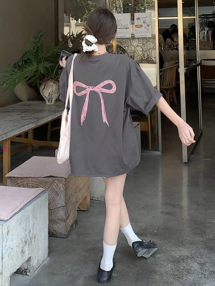 Women Crewneck Solid Color Bow Print Short Sleeve T-Shirt Oversized T-Shirt,Graphic Tees