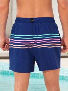 Manfinity Swimmode Men's Striped Drawstring Waist Beach Shorts, Suitable For Pool & Vacation, Summer - Navy Blue - View 2