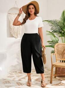 EMERY ROSE Plus Size Women's Solid Pocket Tapered Casual Capri Pants,Vacation Outfits Woman,Summer Clothes