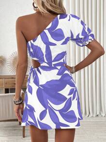 Breezaya Váy tay bồng in họa tiết cây cối một bên vai cho kỳ nghỉ hè năm mới trang phục đi biển cho phụ nữ - Màu tím - Xem 2
