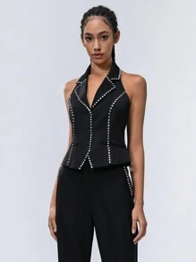 GENKIRA 时尚性感年轻休闲铆钉装饰翻领短背心和喇叭裤 2 件套女士套装，春夏 - 黑色 - 查看 6