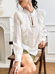 EastFlair Women's Elegant Plain Stand Collar Button Ruffle Hem Blouse, Autumn - Apricot - View 4