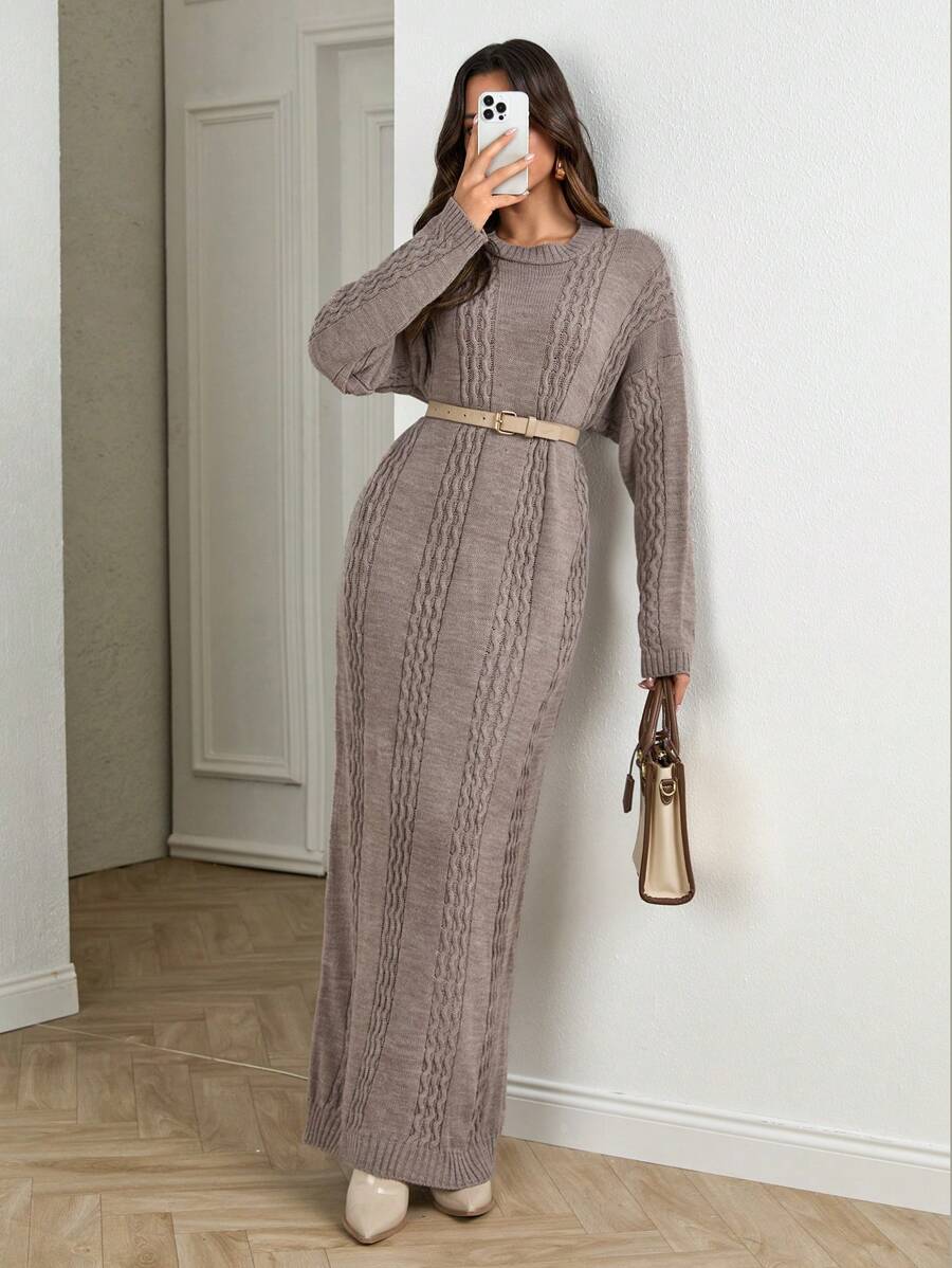 SHEIN Tall Round Neck Drop Shoulder Casual Cable Pattern Sweater Dress - Brown - View 1