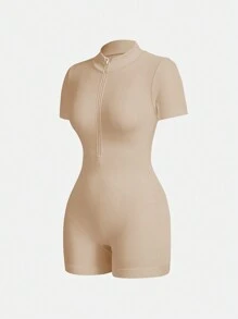 Eassivo Eassivo 女士纯色前拉链短袖修身休闲连体裤