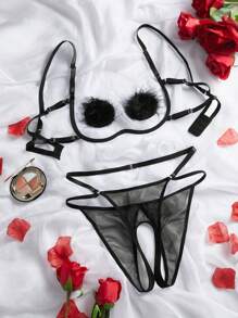 3 件套毛绒胸垫 + 胸罩 + 内裤套装，加大码性感内衣，带钢圈和开裆设计 - 黑色 - 查看 8