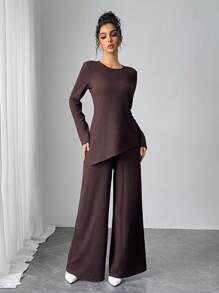 Modelyn 女士简约休闲衬衫和裤子套装 2 件套