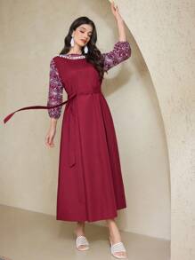 Al Najma Robe abaya pour femmes avec broderie florale modeste, robes longues modestes - Rouge - Voir 4