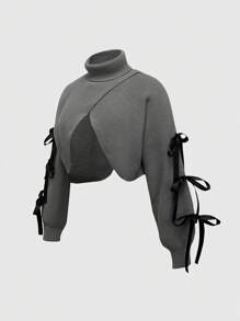 ROMWE Kawaii Plus Size Women's Cute Asymmetrical Hem Bowknot Decor Sweater With Ribbed Cuffs