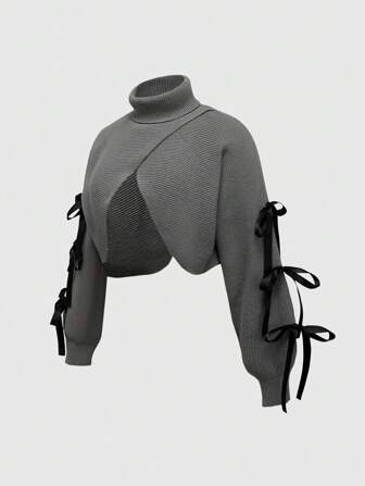 Kawaii Plus Size Women's Cute Asymmetrical Hem Bowknot Decor Sweater With Ribbed Cuffs
