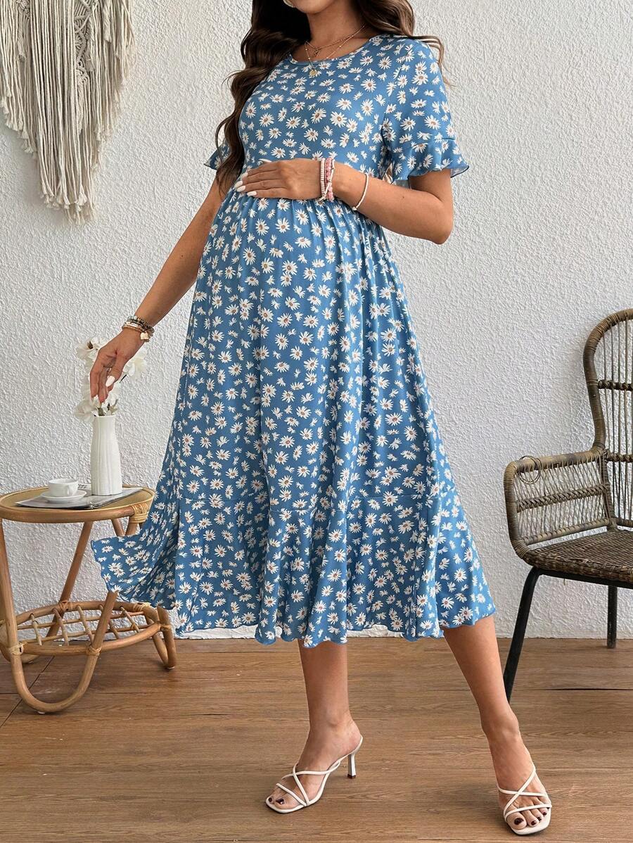 SHEIN Váy bầu tay ngắn thường ngày, thanh lịch và thời trang cho mùa xuân và mùa thu - Xanh và trắng - Xem 1