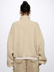SUMWON WOMEN Oversized Half-Zip Sherpa Sweatshirt With Number Print Cozy Winter Loungewear Textured Plush Fleece Athletic Casual Pullover Streetwear