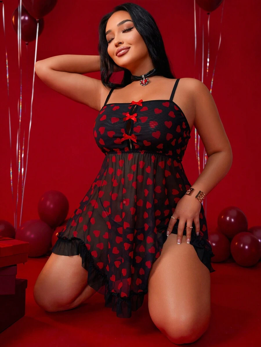 2pcs/Set Plus Size Sexy Lace Nightgown And G-String For Valentine's Day