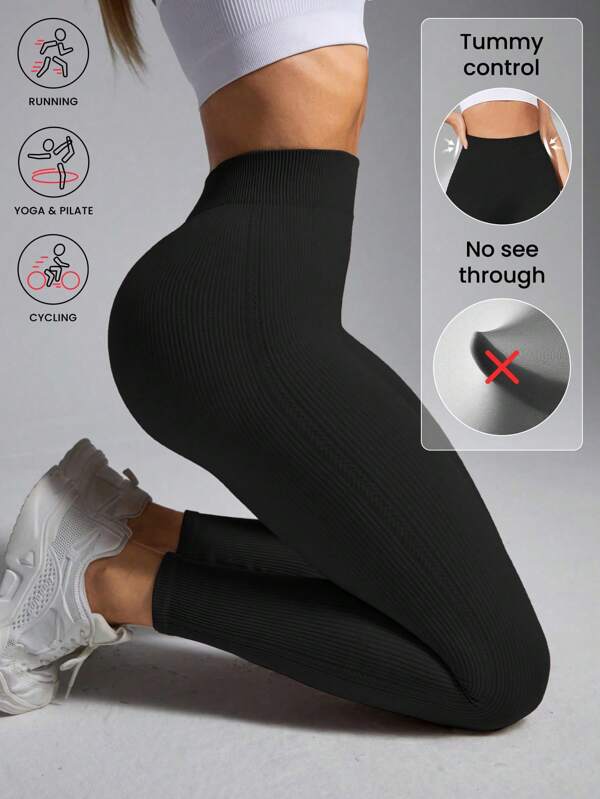 Seamluxe SHEIN Sport Mallas sin costuras de tiro alto acanaladas con control de barriga para mujer - Mallas para correr, ciclismo, yoga, pickleball, ejercicio y uso casual que no se transparentan