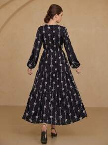 Aveloria Rosie Romantic Italian Style Two-Tone Bowknot Print Tie Front Hollow Out Round Neck Lantern Sleeve Dress For Women, Spring