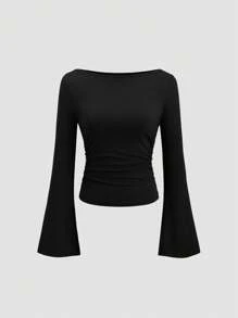 Sweetra Camiseta de mujer casual de unicolor con cuello barco y mangas de campana, para otoño