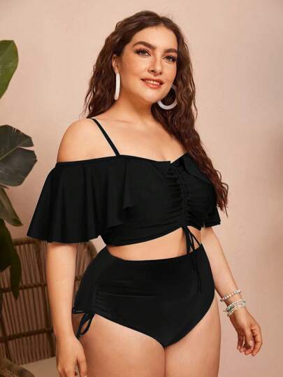 Swim Chiccia 夏季 2 件大码女式纯色细肩带露肩荷叶边抽绳开叉比基尼，时尚优雅度假休闲