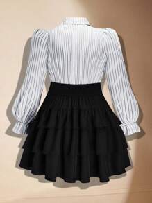 Sweetra 大码女式条纹拼接二合一蝴蝶结领子分层荷叶边下摆学院风鸡尾酒会连衣裙