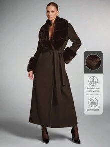 SHEIN BAE 女士纯色蓬松披肩领长袖长款优雅羊毛混纺大衣，复古大衣冬秋女装万圣节风情女装演唱会服装冬季女装皮草大衣时尚保暖，适合聚会和外出 - 咖啡棕 - 查看 1