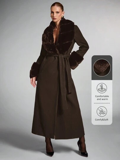 SHEIN BAE Enfärgad fluffig sjalkrage för kvinnor Långärmad lång Elegant ullblandningsrock, vintagekappa Vinter Höst Kvinnor Kläder för Halloween Kvinnor Konsertkläder Vinter Kvinnor Päls Snygg och varm, Lämplig för fester och utflykter