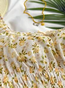 SHEIN 少女编织碎花印花方领蝴蝶结短袖衬衫，适合休闲、节日、午餐、音乐节、街头穿着 - 彩色 - 查看 4