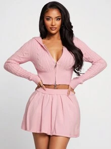 SHEIN SXY 2 件套美式甜美风格粉色毛衣套装、长袖连帽开衫和低腰百褶裙，秋冬 - 粉色 - 查看 4